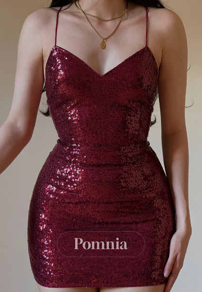 Burgundy Spaghetti Straps V-Neck Backless Homecoming Dress