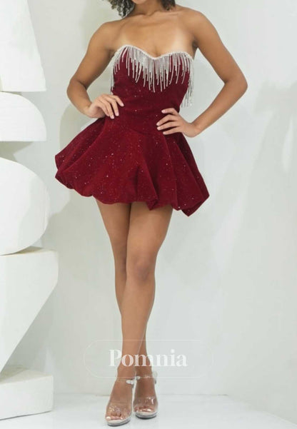 Burgundy Strapless Sleeveless Sequins Homecoming Dress