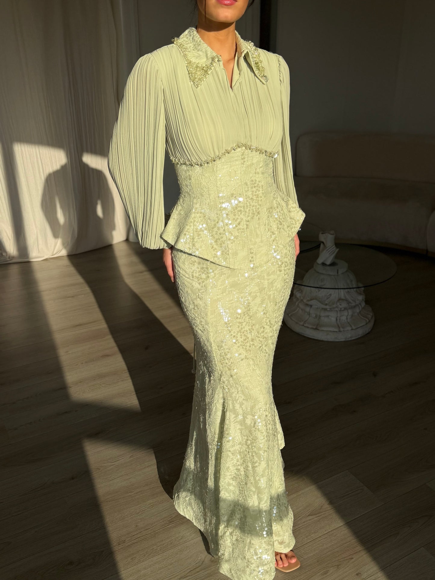 Simple Long Sleeevs Corset Sequins Evening Dress