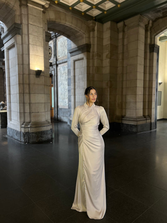 Beige Sheath High Neck Long Sleeves Ruched Floor Length Evenng Formal Dress