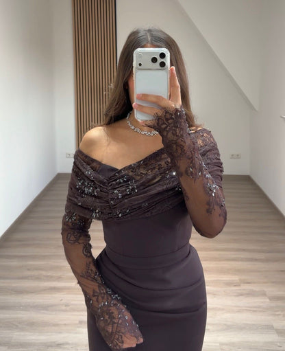 Sheath One Shoulder Long Sleeves Appliques Evening Dress