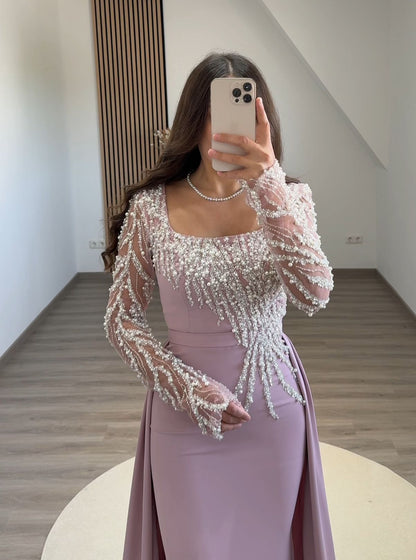 Long Sleeves Scoop Sequins Empire-Waist Prom Dress