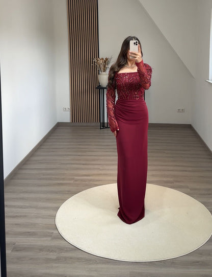 Elegant Long Sleeves V-Neck Ruched Satin Evening Dress