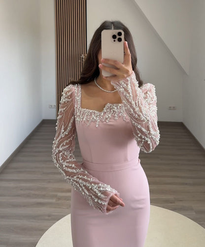 Long Sleeves Sweetheart Ruched Evening Dress