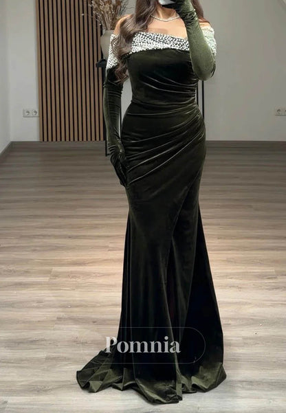 Velvet Long Sleeves Off-Shoulder Ruched Mermaid Evening Dress