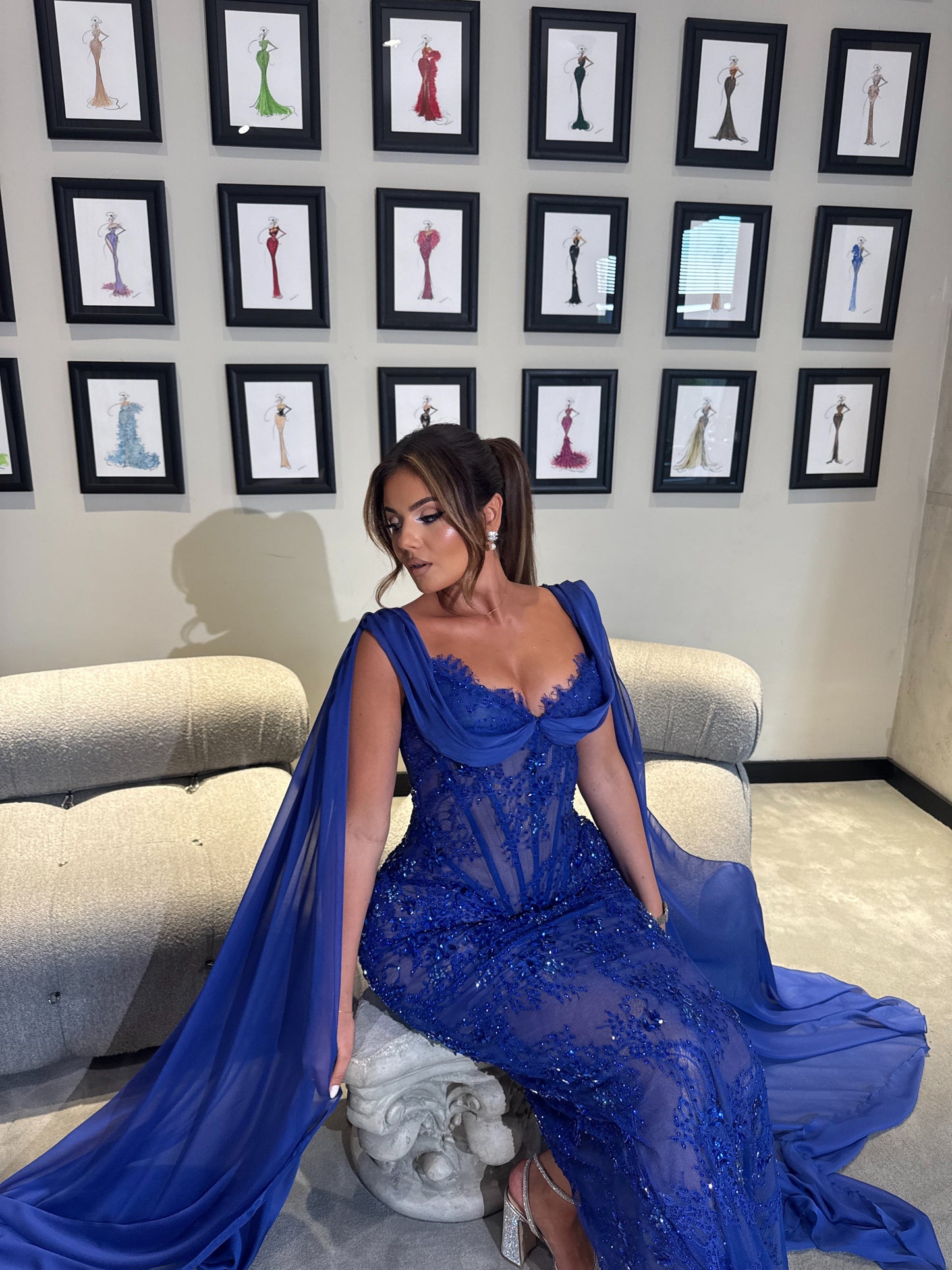 Long Royal Blue Gown with Beaded Embellishments & Draped Chiffon Sleeves