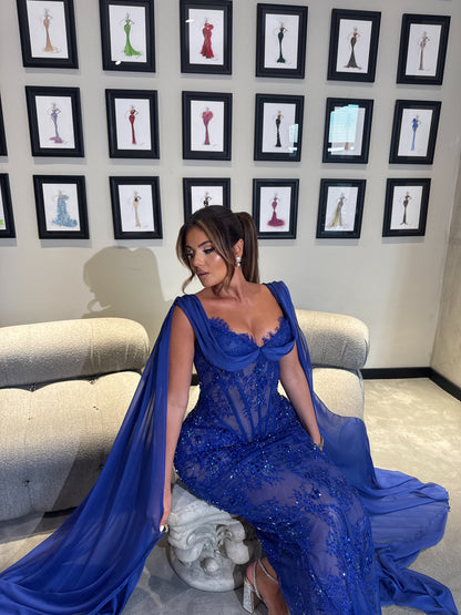 Long Royal Blue Gown with Beaded Embellishments & Draped Chiffon Sleeves