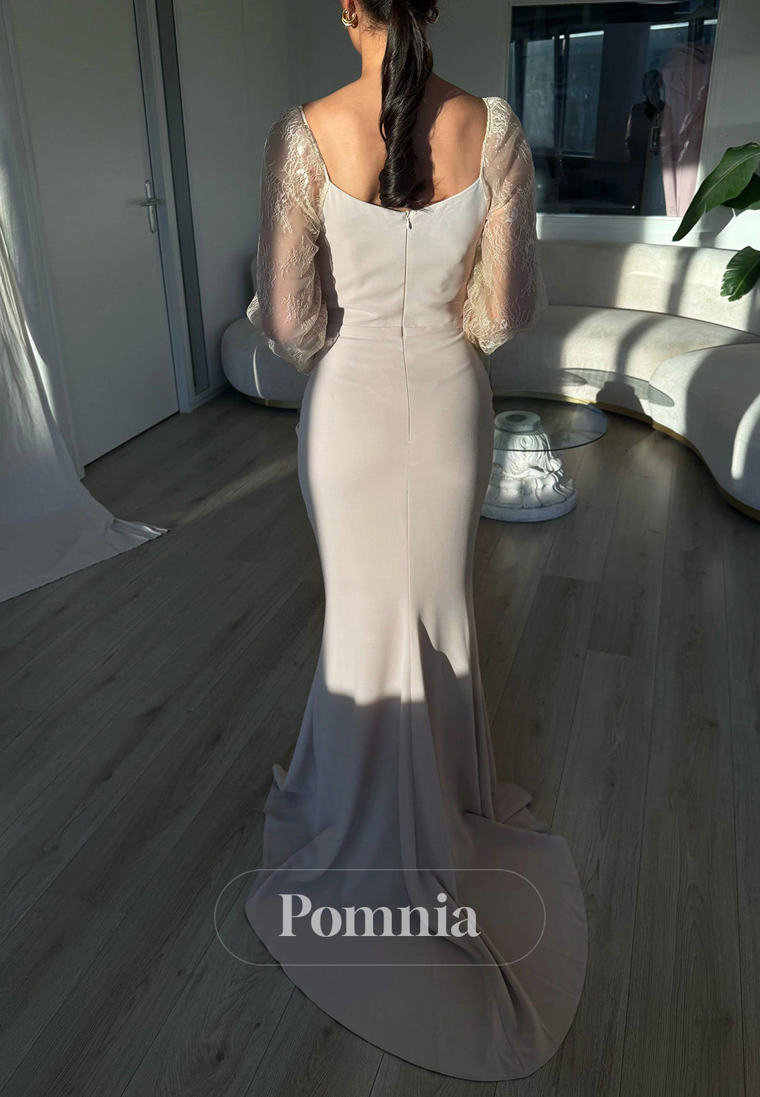 Long Sleeves Scoop Sheath Ruched Satin Prom Dress