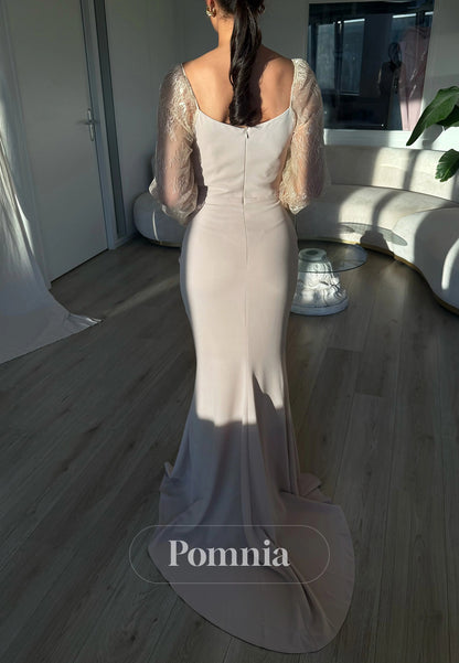 Long Sleeves Scoop Sheath Ruched Satin Prom Dress