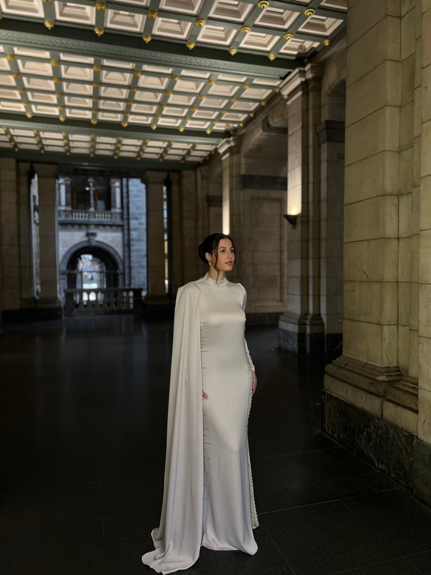 Ivory Long Sleeves Beaded High Neck Sheath Evening Formal Dress