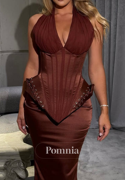 Cabernet Halter Sleeveless Corset Sheath Prom Dress