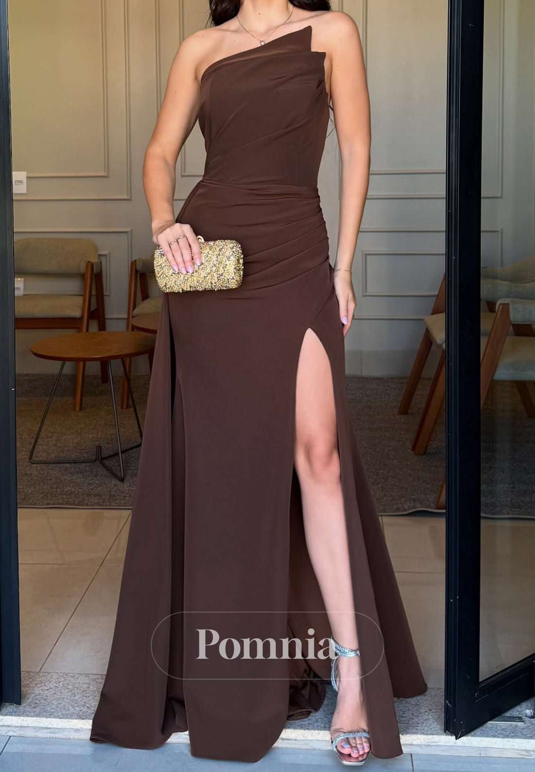 Cabernet One Shoulder Sleeveless Slit Satin Mother of the Bride Dress