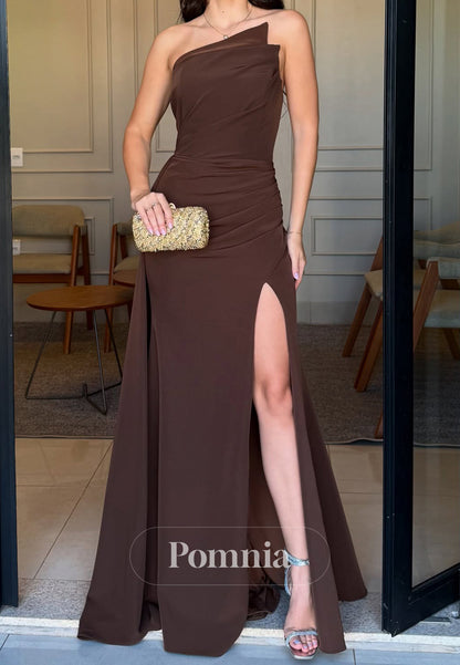 Cabernet One Shoulder Sleeveless Slit Satin Mother of the Bride Dress