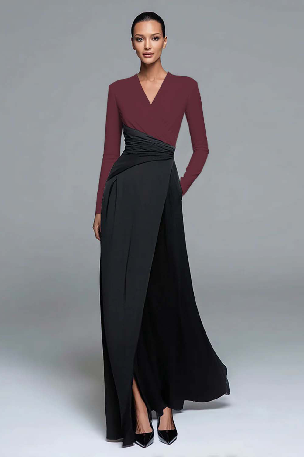 Black and White Patchwork Long Formal Dress with Pockets