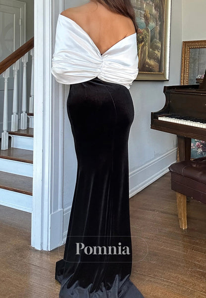 Velvet Pleats Off-Shoulder Floor-Length Evening Dress