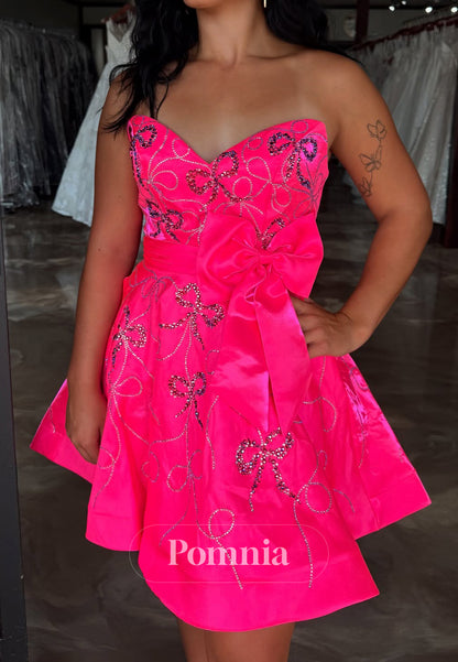 Candy Pink Sleeveless Strapless Bowknot Short Homecoming Dress