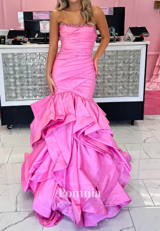 Candy Pink Sleeveless Strapless Ruffles Prom Dress