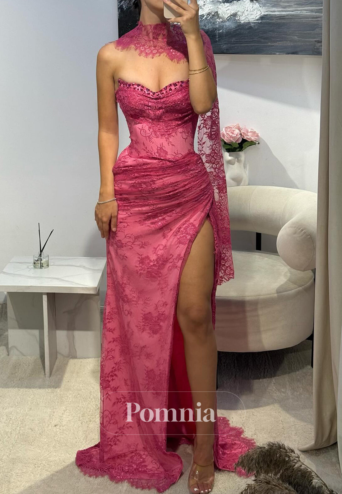 Candy Pink Sleeveless Strapless Slit Prom Dress