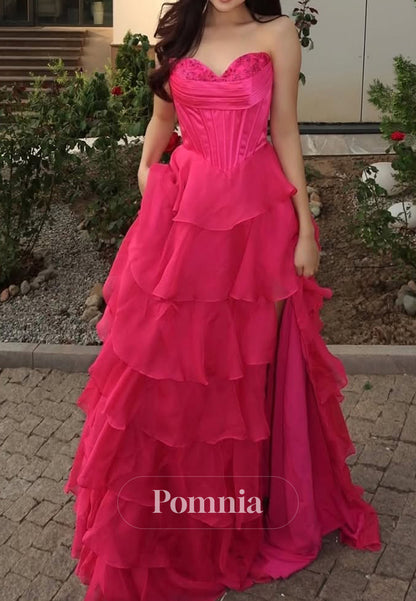 Candy Pink Sleeveless Sweetheart Ruffles Slit Prom Dress