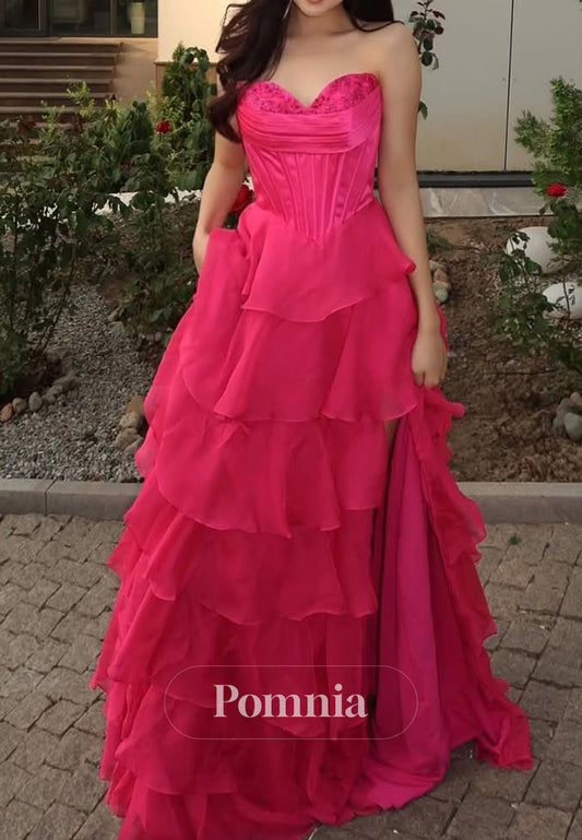 Candy Pink Sleeveless Sweetheart Ruffles Slit Prom Dress
