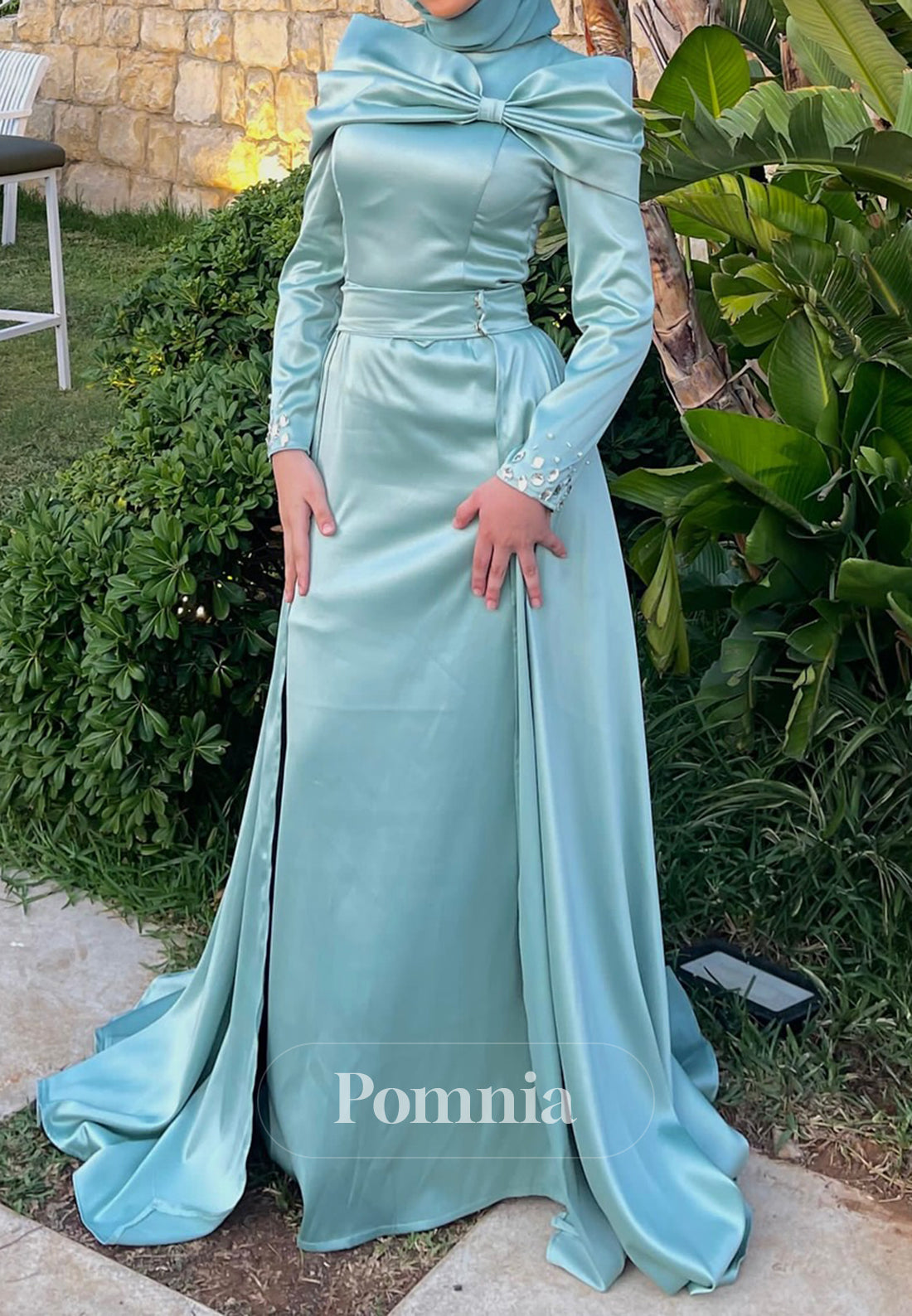 Caribbean Long Sleeves High Neck Ruched Evening Dress