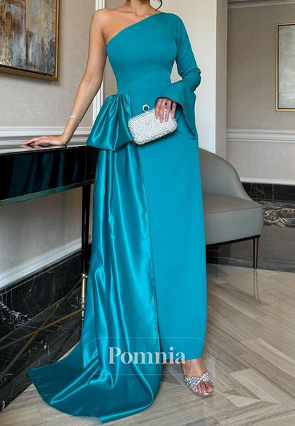 Caribbean Long Sleeves One Shouldr Ruched Evening Dress