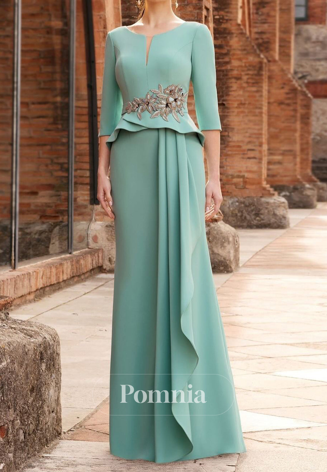 Caribbean Long Sleeves Scoop Appliques Empire-Waist Mother of the Bride Dress