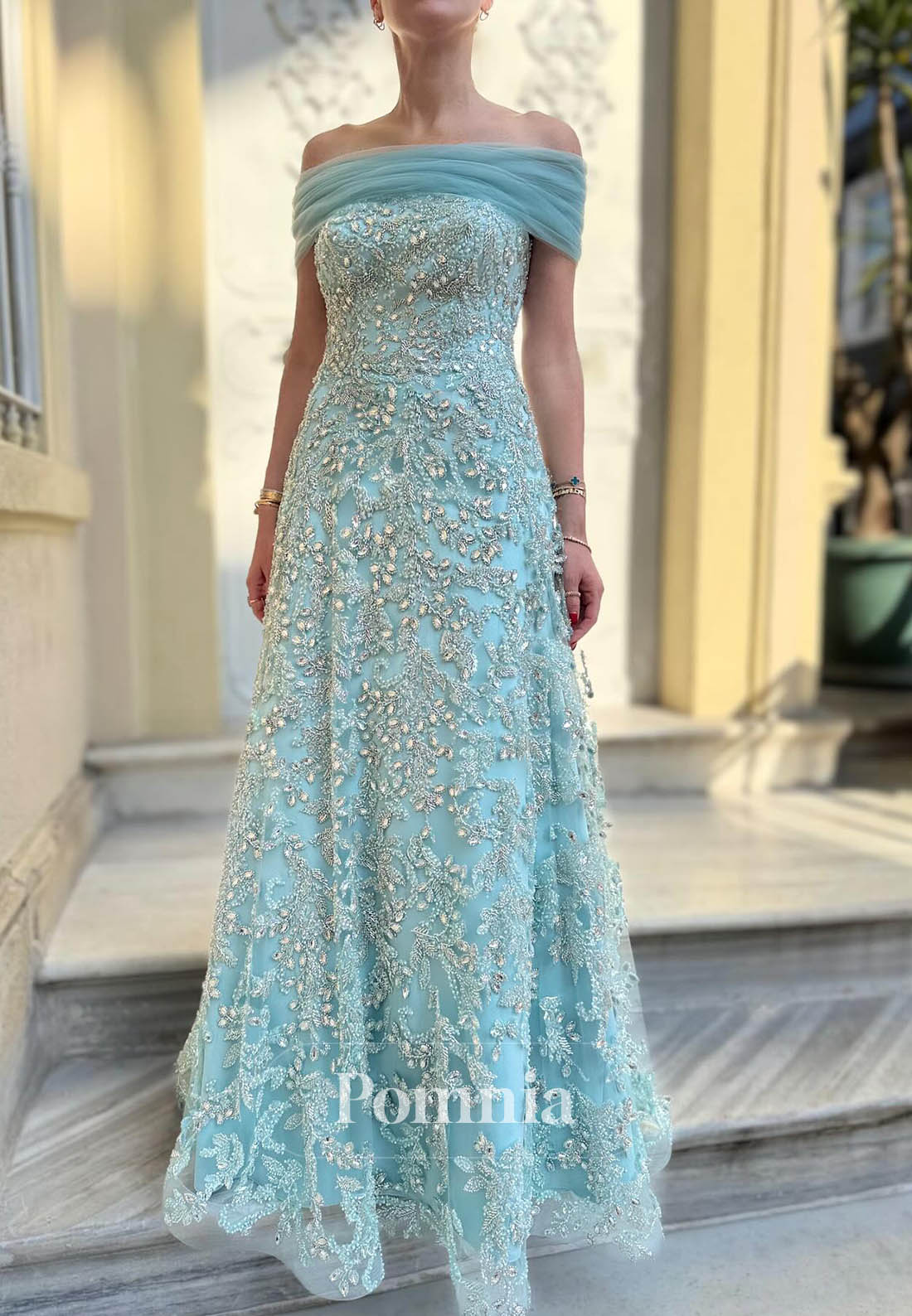 Caribbean Off-Shoulder Sleeveless Floral Appliques A-Line Prom Dress