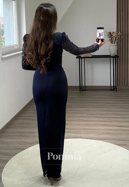 Sheath Long Sleeves V-Neck Corset Sequins Evening Dress