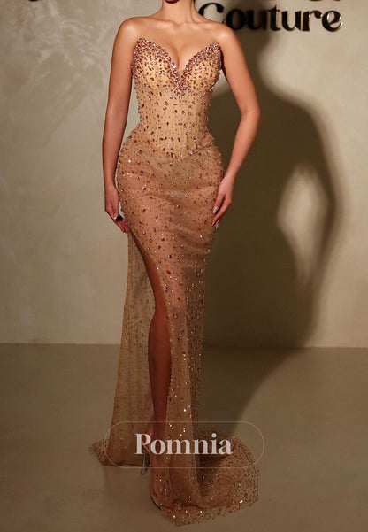 Champagne Rose Strapless Sleeveless Beads Evening Dress