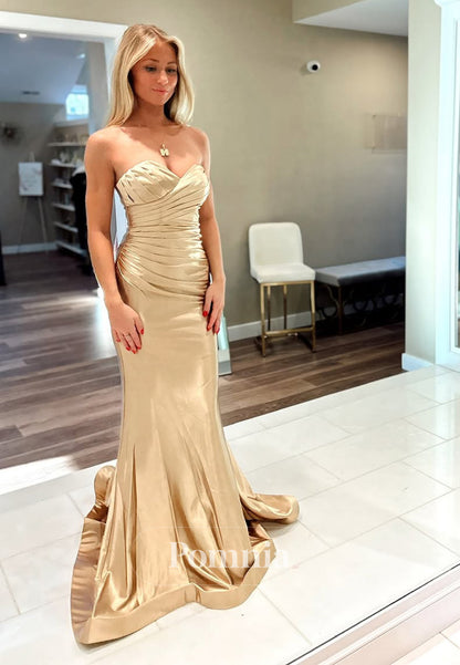Champagne Sleeveless Strapless Prom Dress with Pleats Mermaid Evening Party Dress