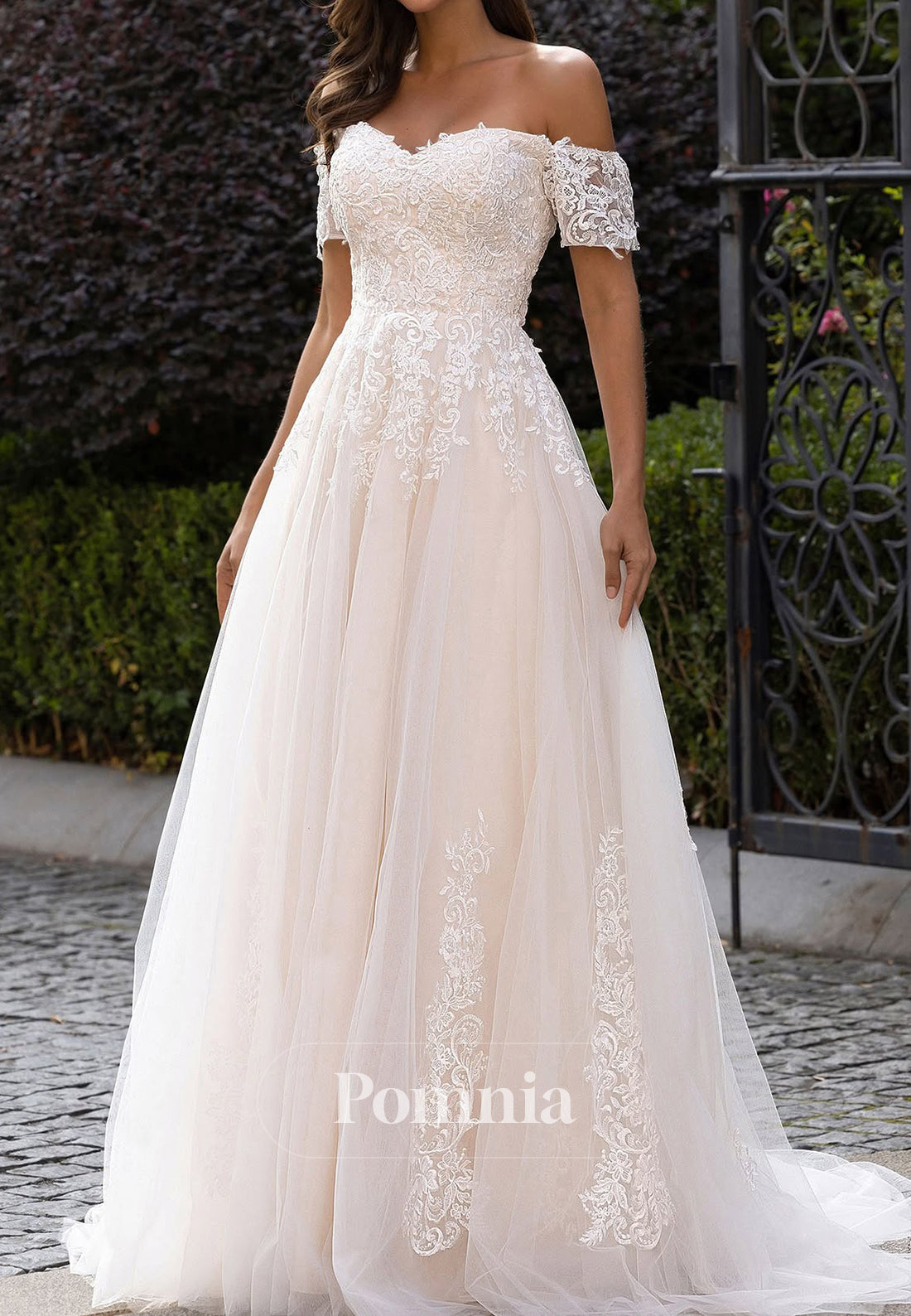 Charming A-Line Cap Sleeves Off-Shoulder Apppliques Wedding Dress