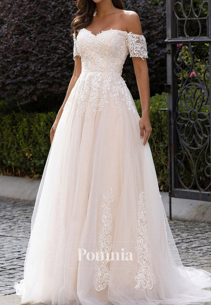 Charming A-Line Cap Sleeves Off-Shoulder Apppliques Wedding Dress