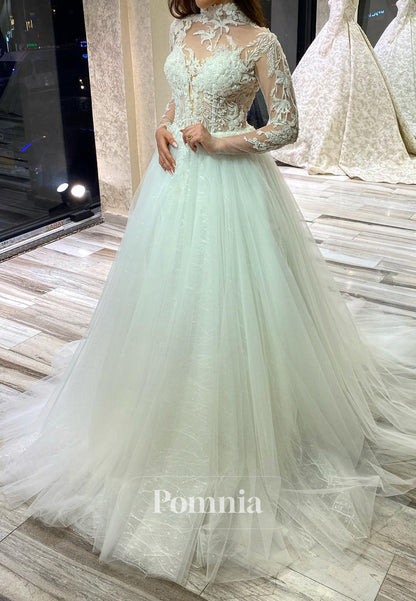 Charming A-Line High Neck Long Sleeves Floral Appliques Lace Wedding Dress