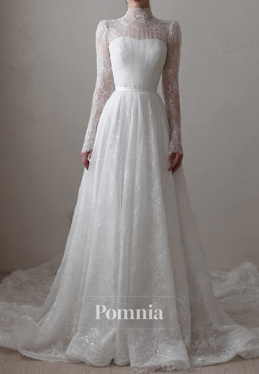 Charming A-Line Long Sleeves High Neck Corset Tulle Wedding Dress