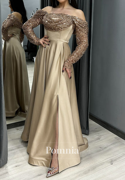 Charming A-Line Long Sleeves Off-Shoulder Ruched Prom Dress