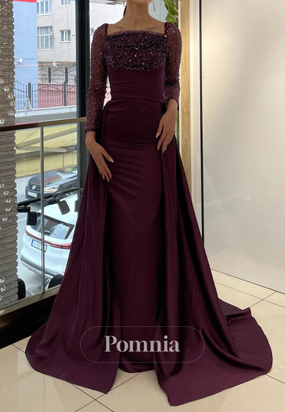 Charming A-Line Long Sleeves Scoop Removable Train Evening Dress