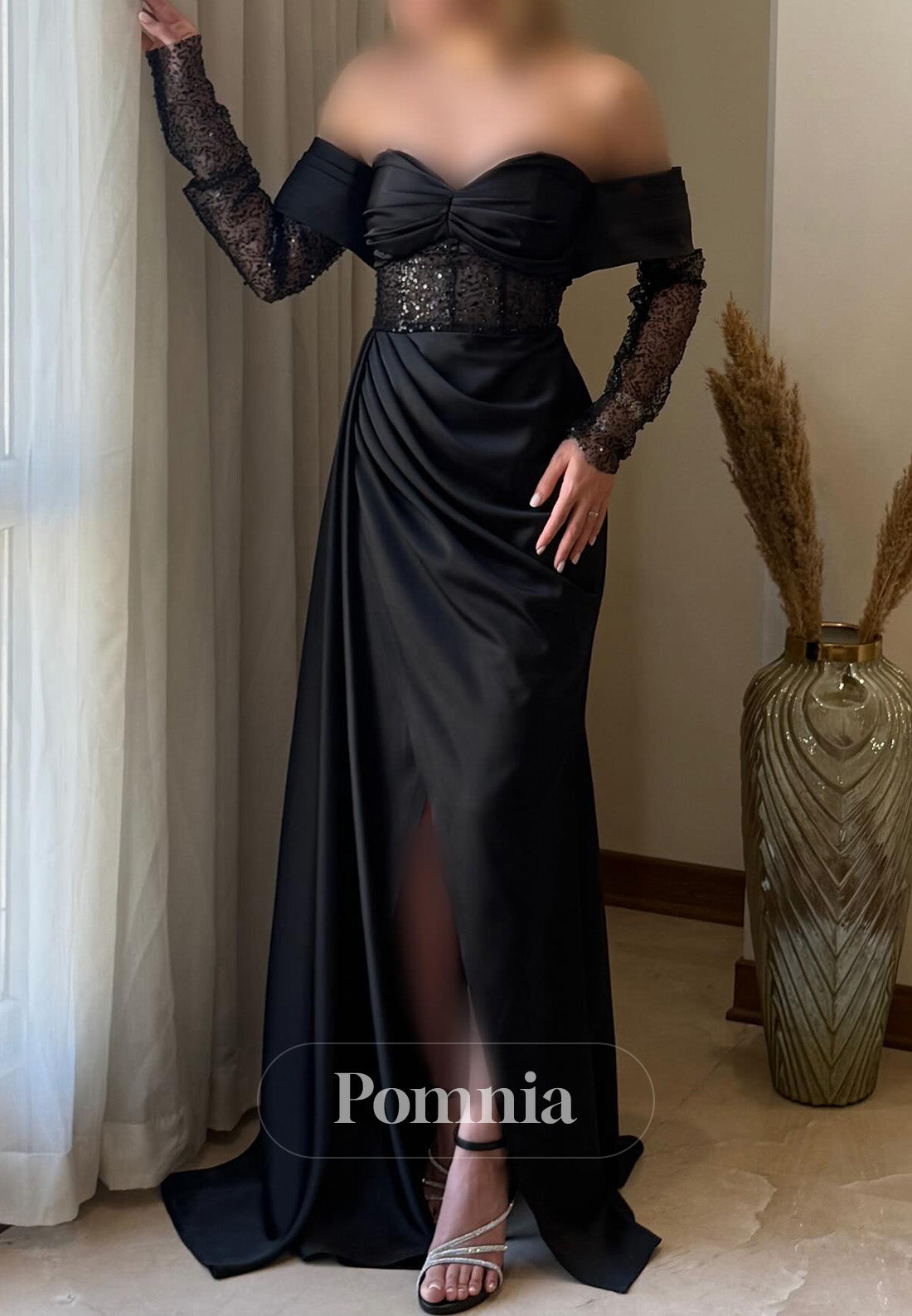 Charming A-Line Long Sleeves Sweetheart Sequins Ruched Prom Dress