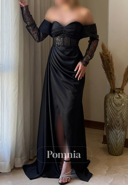 Charming A-Line Long Sleeves Sweetheart Sequins Ruched Prom Dress