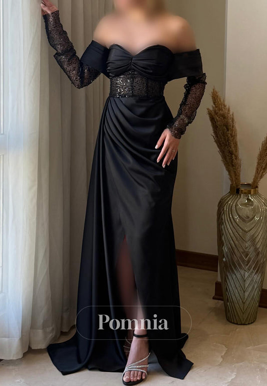 Charming A-Line Long Sleeves Sweetheart Sequins Ruched Prom Dress