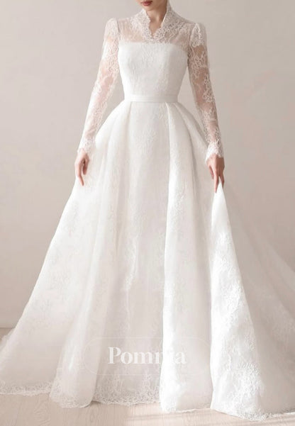 Charming A-Line Long Sleeves V-Neck Appliques Wedding Dress