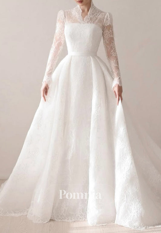 Charming A-Line Long Sleeves V-Neck Appliques Wedding Dress
