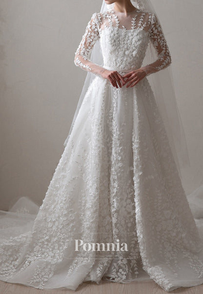 Charming A-Line Scoop Long Sleeves Floral Appliques Wedding Dress