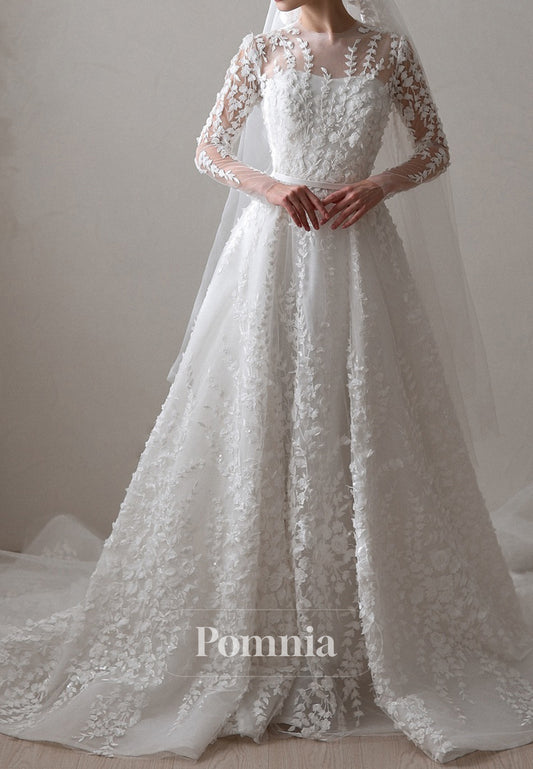 Charming A-Line Scoop Long Sleeves Floral Appliques Wedding Dress