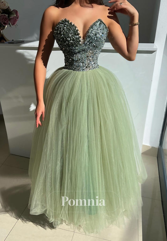 Charming A-Line Sleeveless Strapless Beads Lace Prom Dress