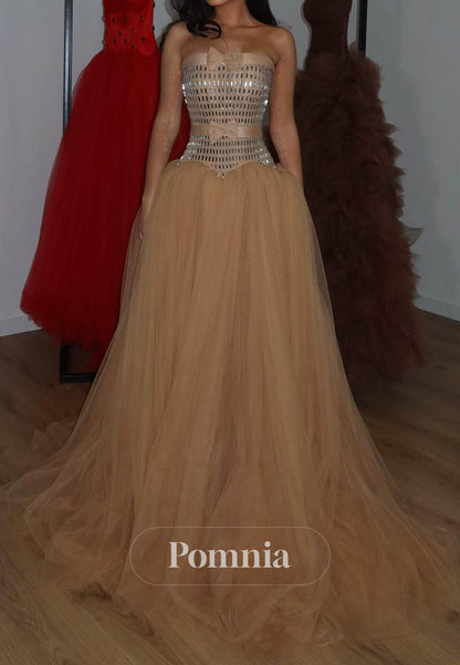 Charming A-Line Sleeveless Strapless Beads Lace Prom Dress