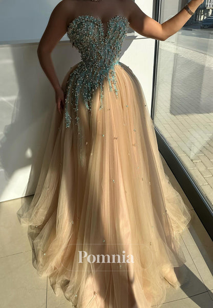 Charming A-Line Sleeveless Strapless Pearls Lace Prom Dress