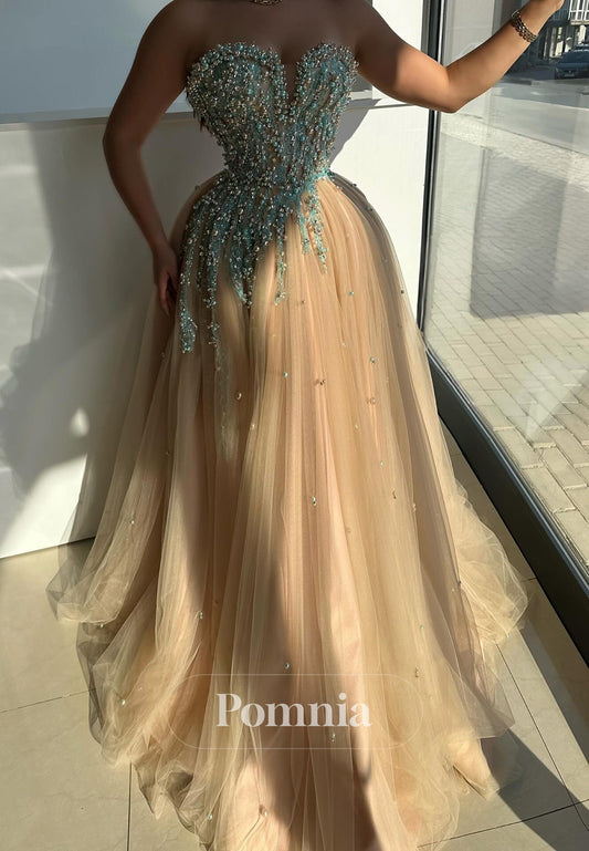 Charming A-Line Sleeveless Strapless Pearls Lace Prom Dress