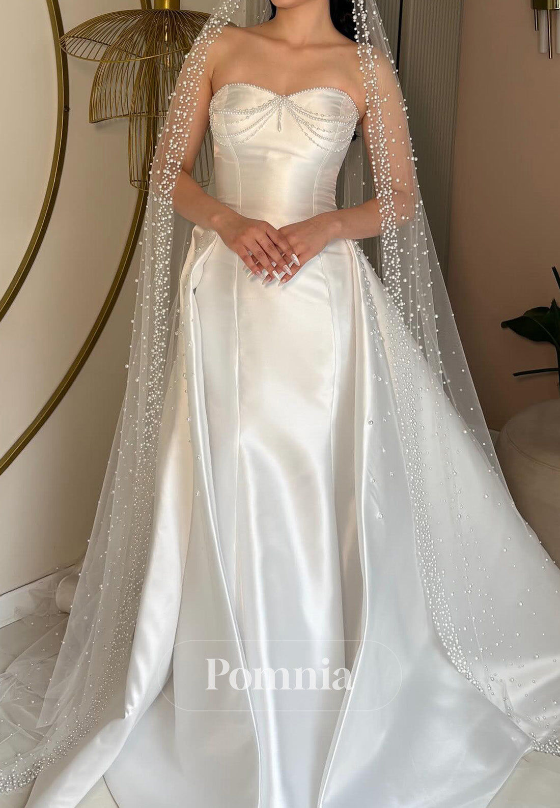 Charming A-Line Sleeveless Strapless Pearls Satin Wedding Dress