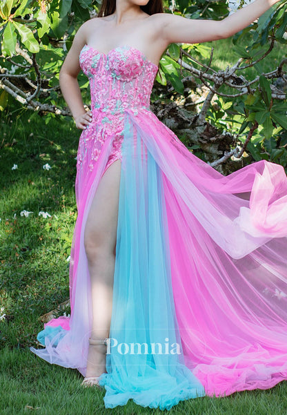 Charming A-Line Sleeveless Strapless Slit Lace Prom Dress